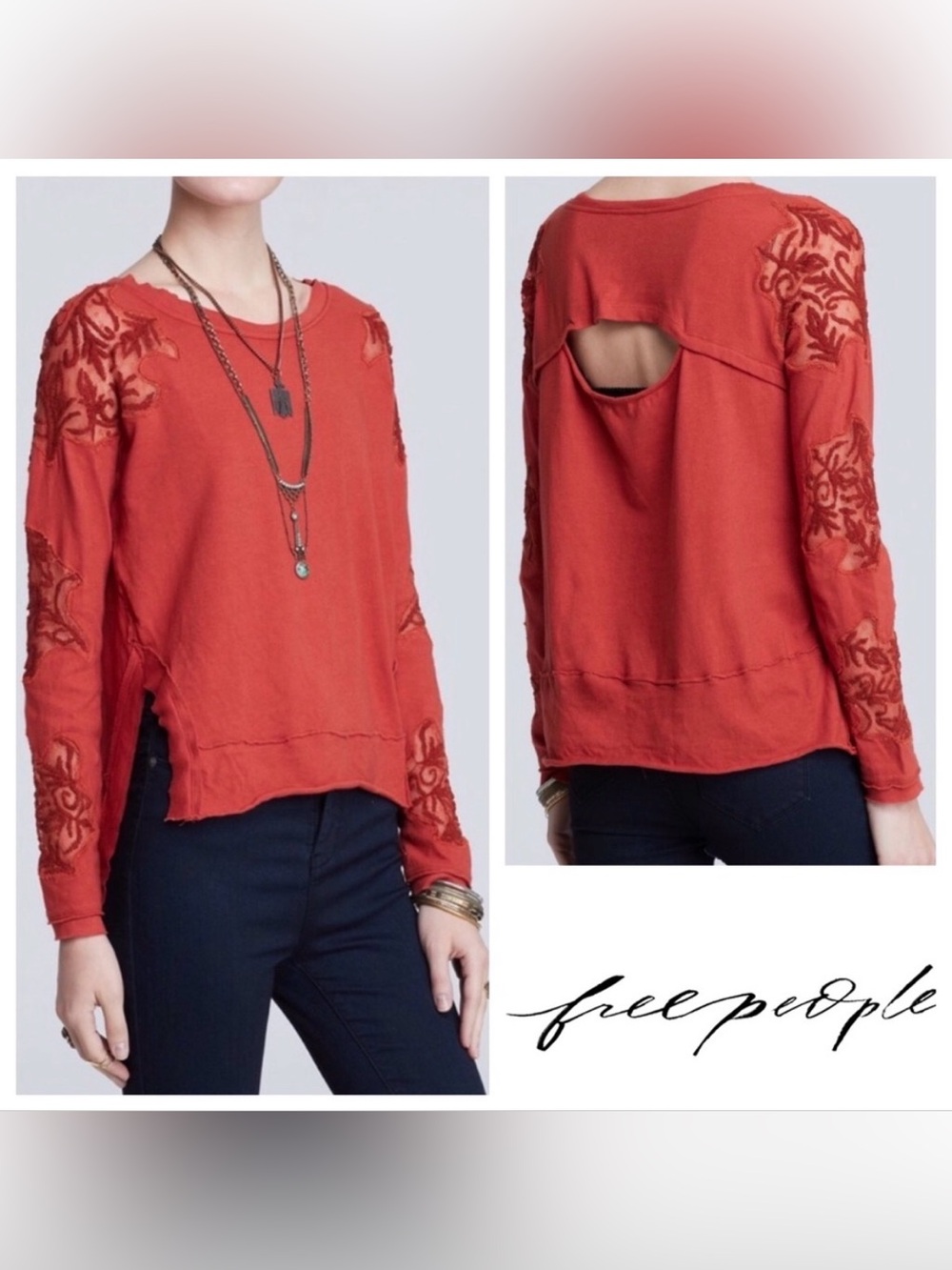 Free People Terra Cotta Embroidered Back Cutout Long Sleeve Top